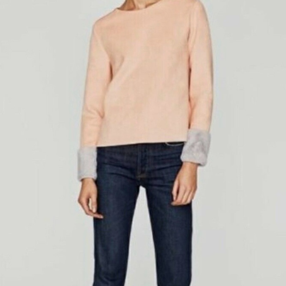 Zara Pale Pink Suede with Grey Faux Fur Cuffs Suede Top